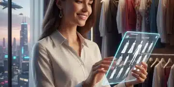 Mulher sorrindo, usando tablet para personal styling digital e visualizando looks no guarda-roupa virtual.
