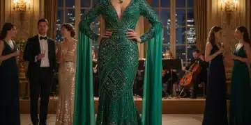 Mulher em um deslumbrante vestido de festa verde esmeralda com detalhes bordados, em evento social.