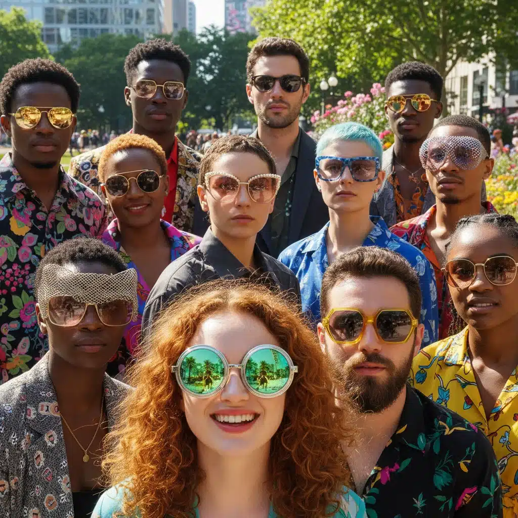 Pessoas diversas usando óculos de sol com designs arrojados e lentes coloridas, demonstrando a variedade de tendências em óculos.