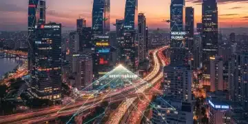 Panorama urbano vibrante de uma cidade brasileira ao entardecer, simbolizando o crescimento e a vitalidade do setor de serviços.