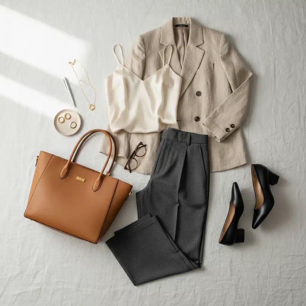 Flat lay de peças-chave para um look de trabalho moderno e versátil