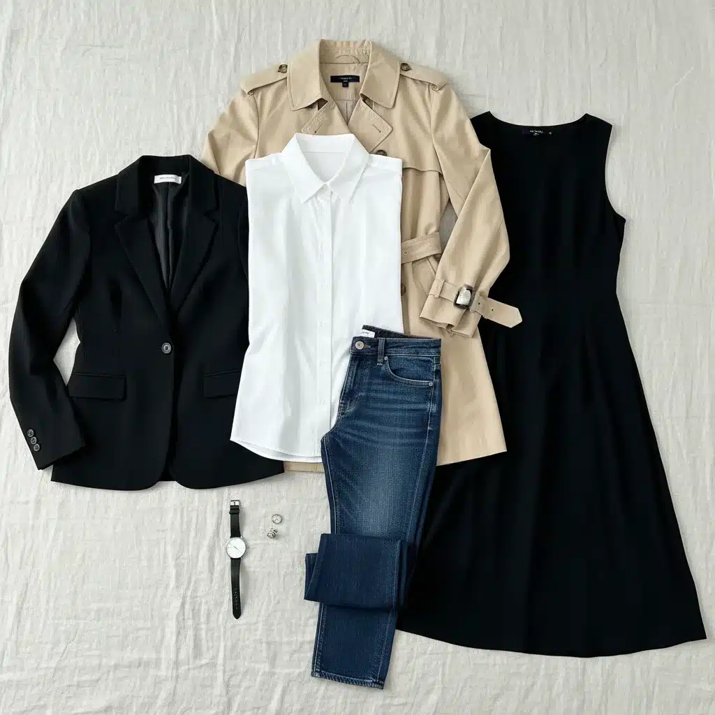 Layout de peças essenciais de guarda-roupa: camisa branca, jeans, blazer, trench coat e vestido preto.