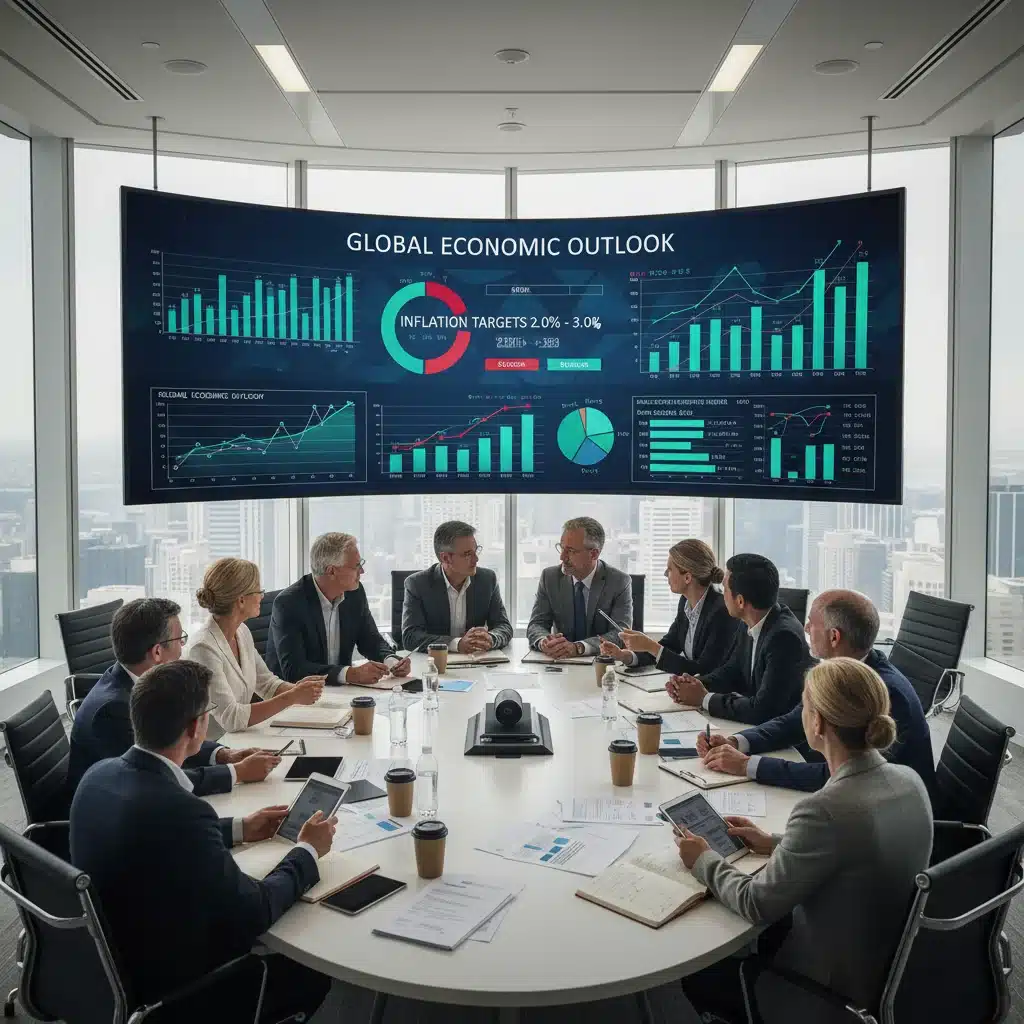 Economistas e analistas financeiros discutindo gráficos em uma sala de reunião, simbolizando o planejamento para a estabilidade econômica.