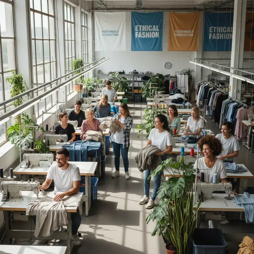 Trabalhadores felizes em uma fábrica de roupas moderna e ética, destacando as práticas de trabalho justas na moda sustentável.