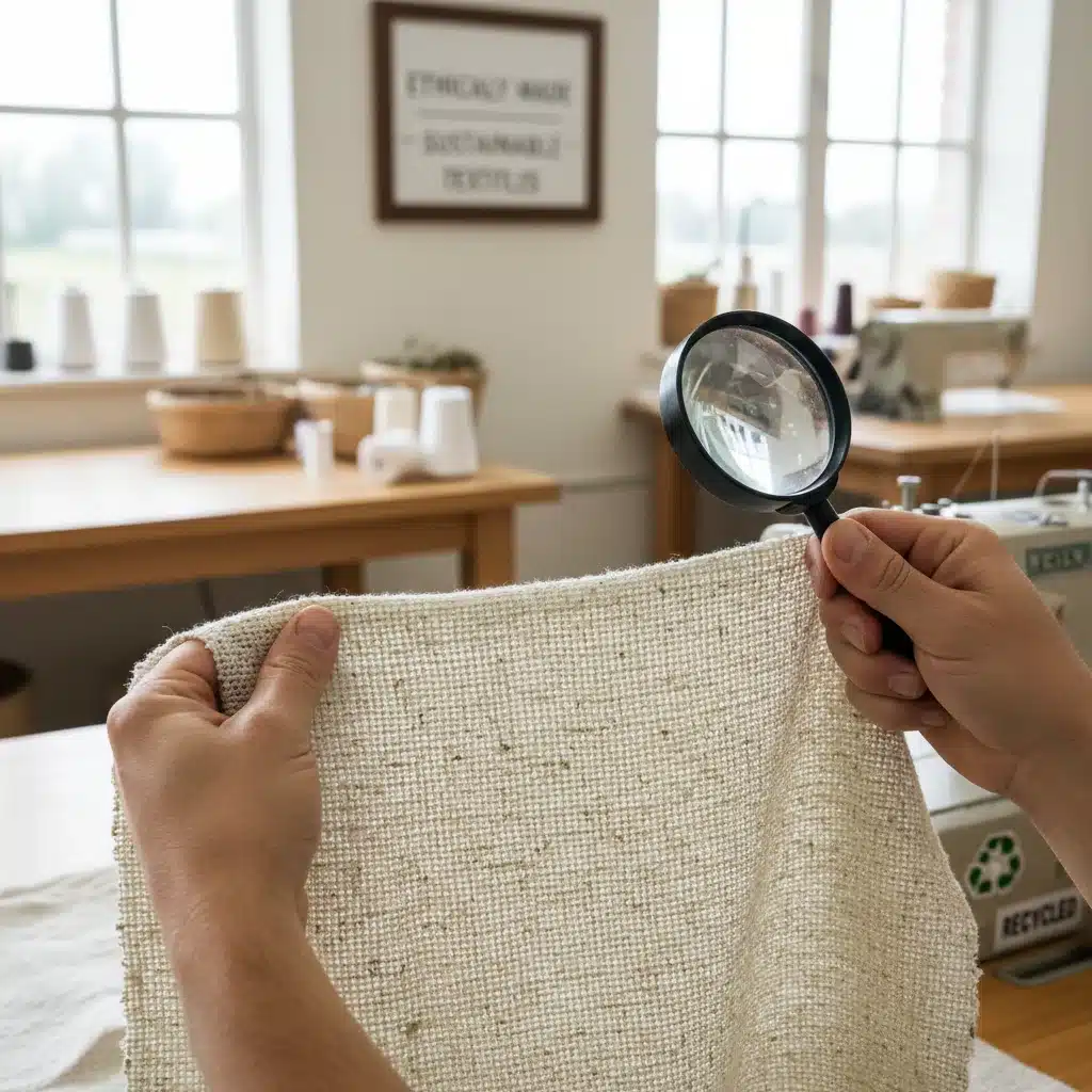 Mãos de um artesão inspecionando tecido sustentável em uma oficina limpa, simbolizando produção ética e qualidade.