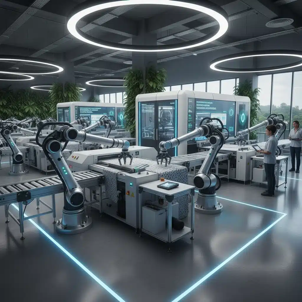 Fábrica de moda brasileira com robôs e automação impulsionada por IA para produção sustentável.