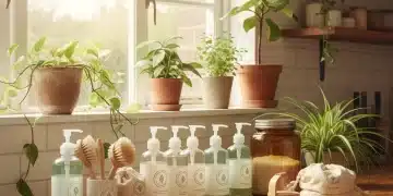Produtos de limpeza ecológica em bancada de madeira em um lar sustentável e iluminado.