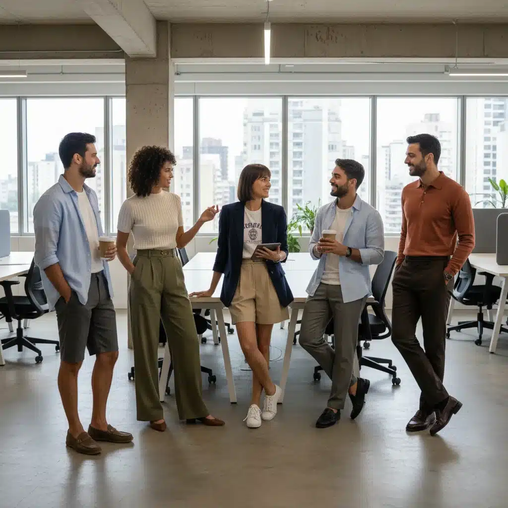 Jovens profissionais brasileiros em um espaço de coworking, usando peças de alfaiataria combinadas de forma moderna e confortável.