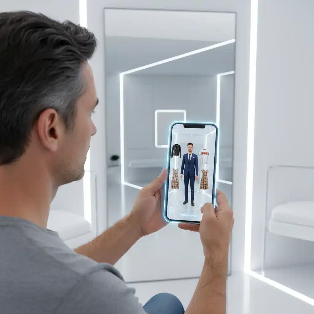 Pessoa experimentando roupas virtualmente em um provador de realidade aumentada no smartphone.