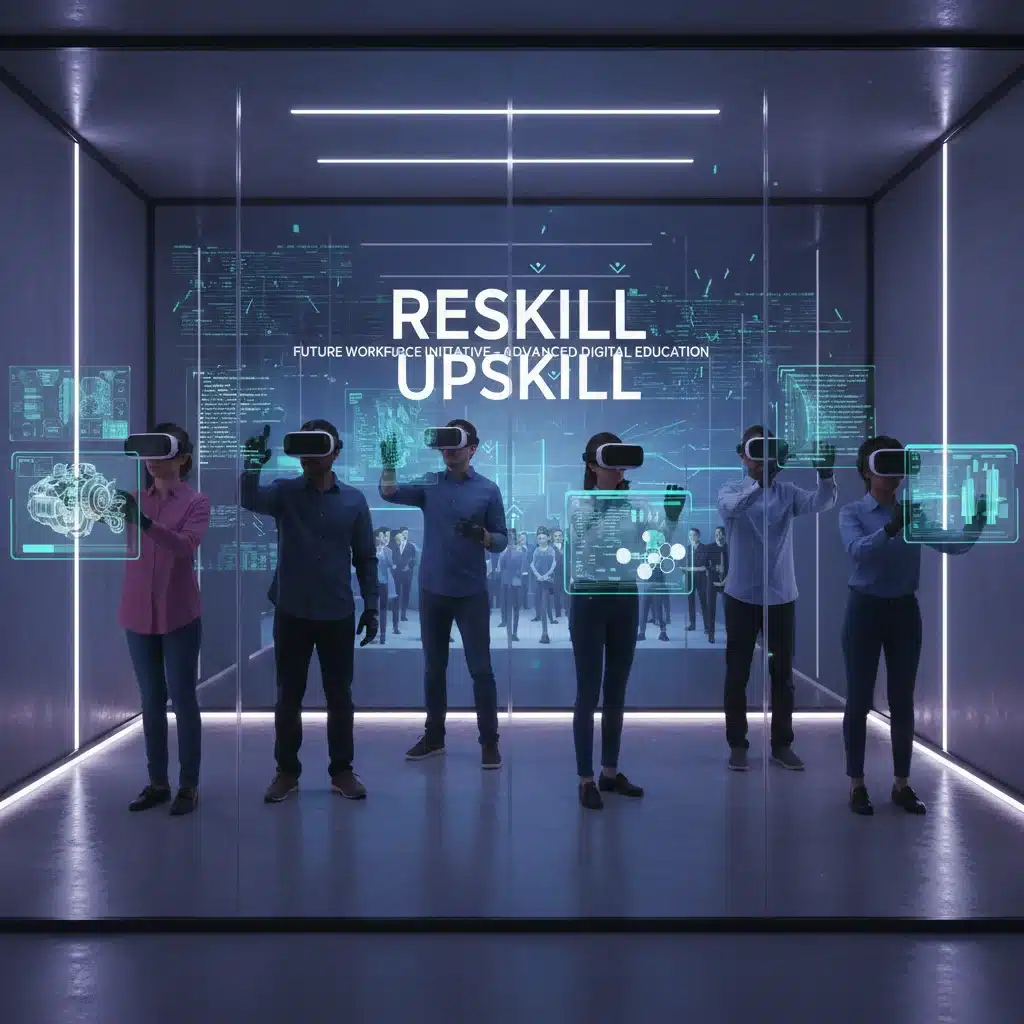 Pessoas participando de um treinamento em realidade virtual, simbolizando a requalificação e o desenvolvimento de novas habilidades para o mercado de trabalho.