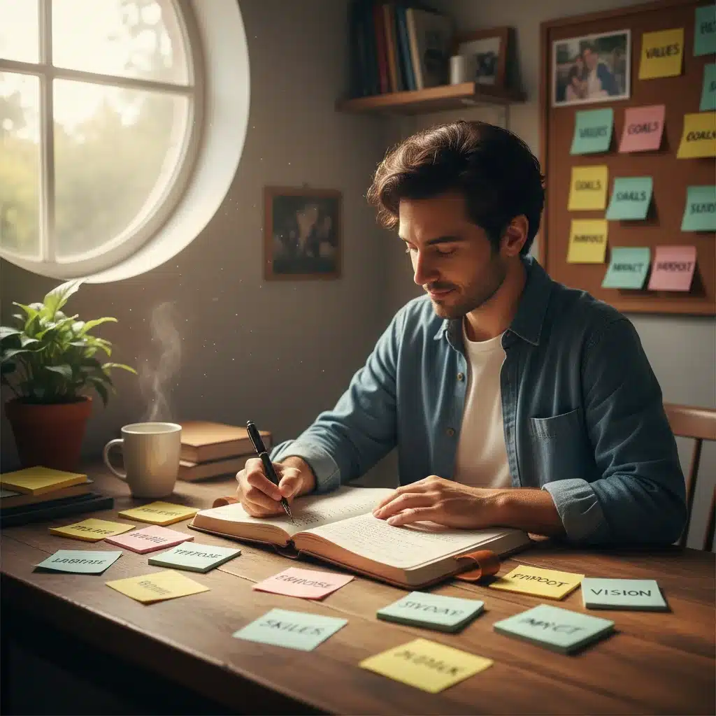 Pessoa refletindo e escrevendo seus valores e objetivos para definir seu branding pessoal.