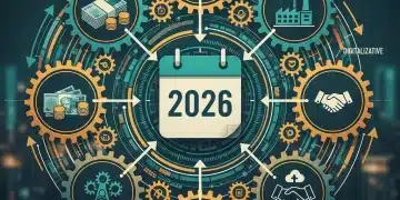Gráfico complexo com engrenagens e símbolos econômicos, representando o impacto da reforma tributária de 2026 nos setores produtivos do Brasil.