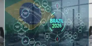Gráfico complexo representando indicadores econômicos e políticas governamentais para as reformas estruturais no Brasil até 2026.