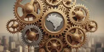 Engrenagens interligadas simbolizando as reformas estruturais necessárias para o crescimento da economia brasileira.