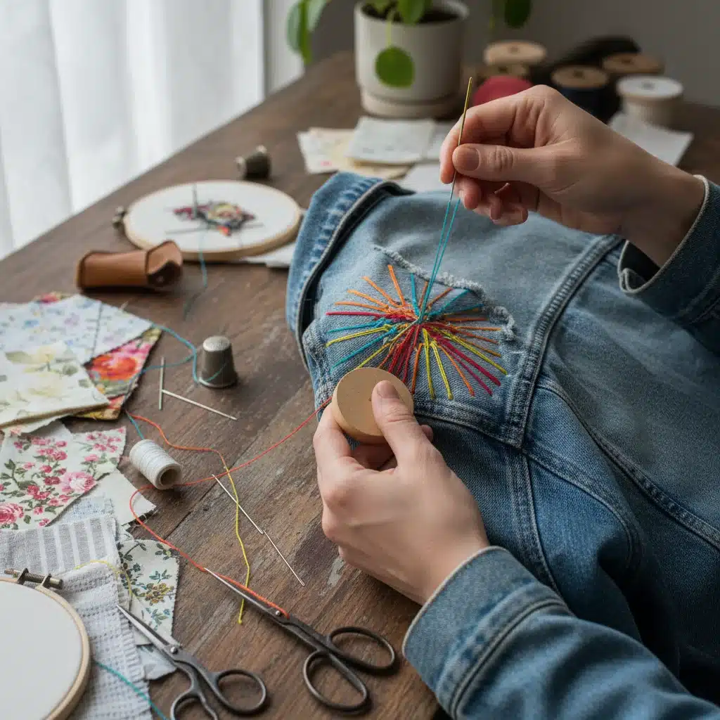 Mãos consertando uma jaqueta jeans com bordado, exemplificando a prática de reparo e durabilidade na moda circular.
