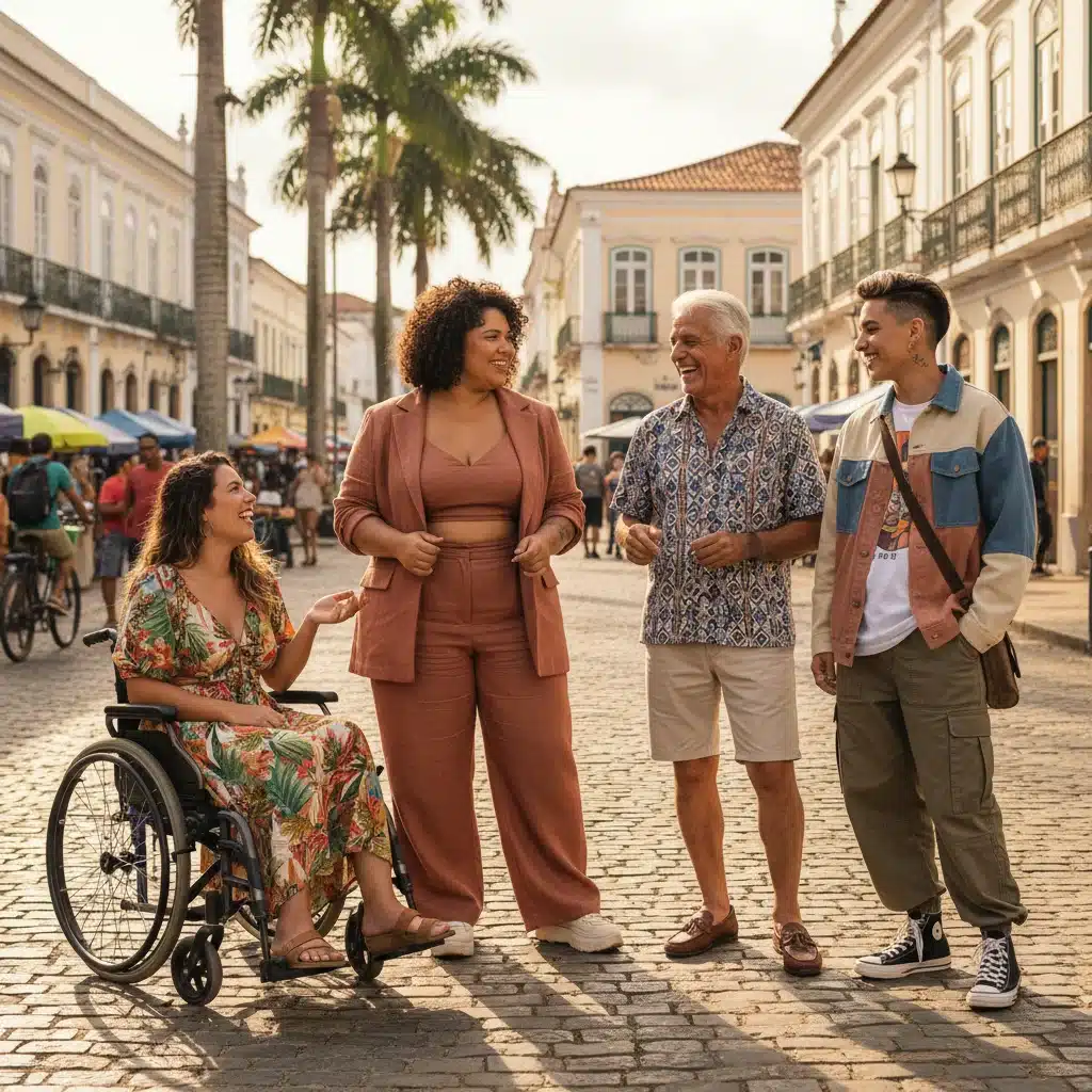 Grupo diverso de pessoas, incluindo cadeirante e plus size, interagindo em ambiente urbano com roupas de marcas brasileiras inclusivas.