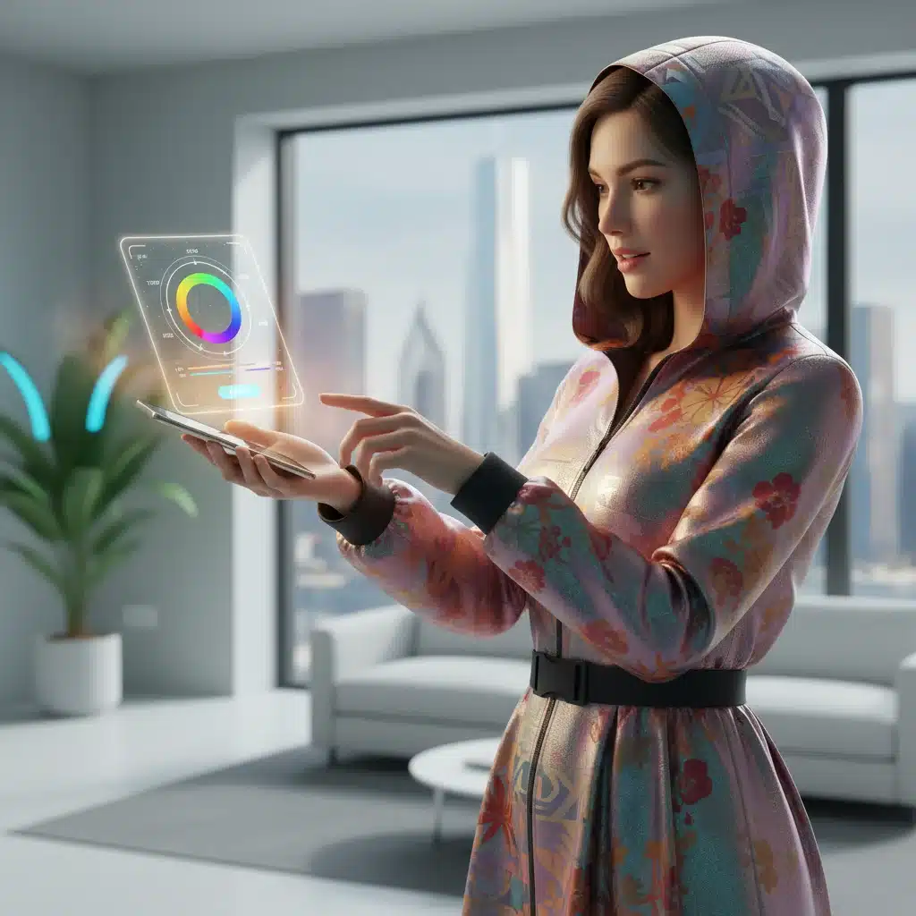 Pessoa ajustando características de uma roupa de tecido inteligente com um smartphone