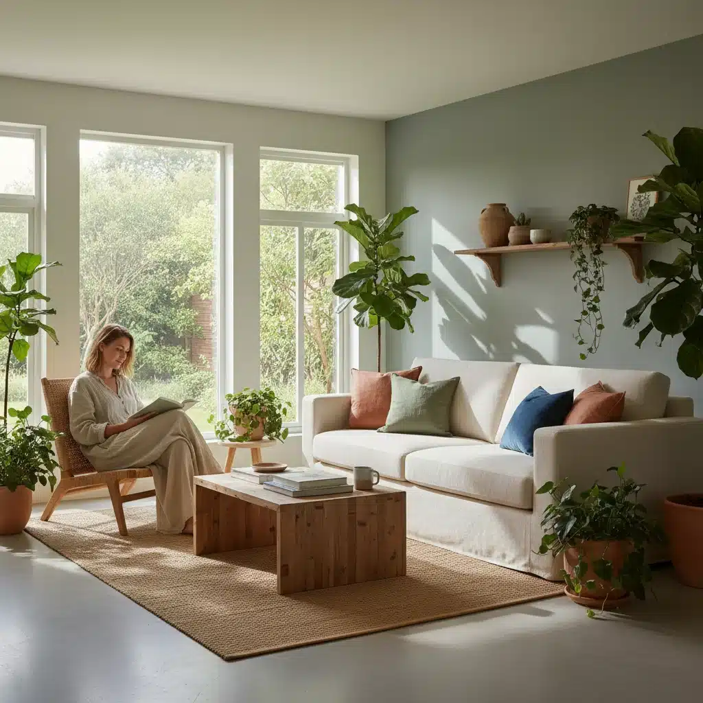 Sala de estar com paleta Serenidade Sustentável, tons de verde e azul, com elementos naturais.