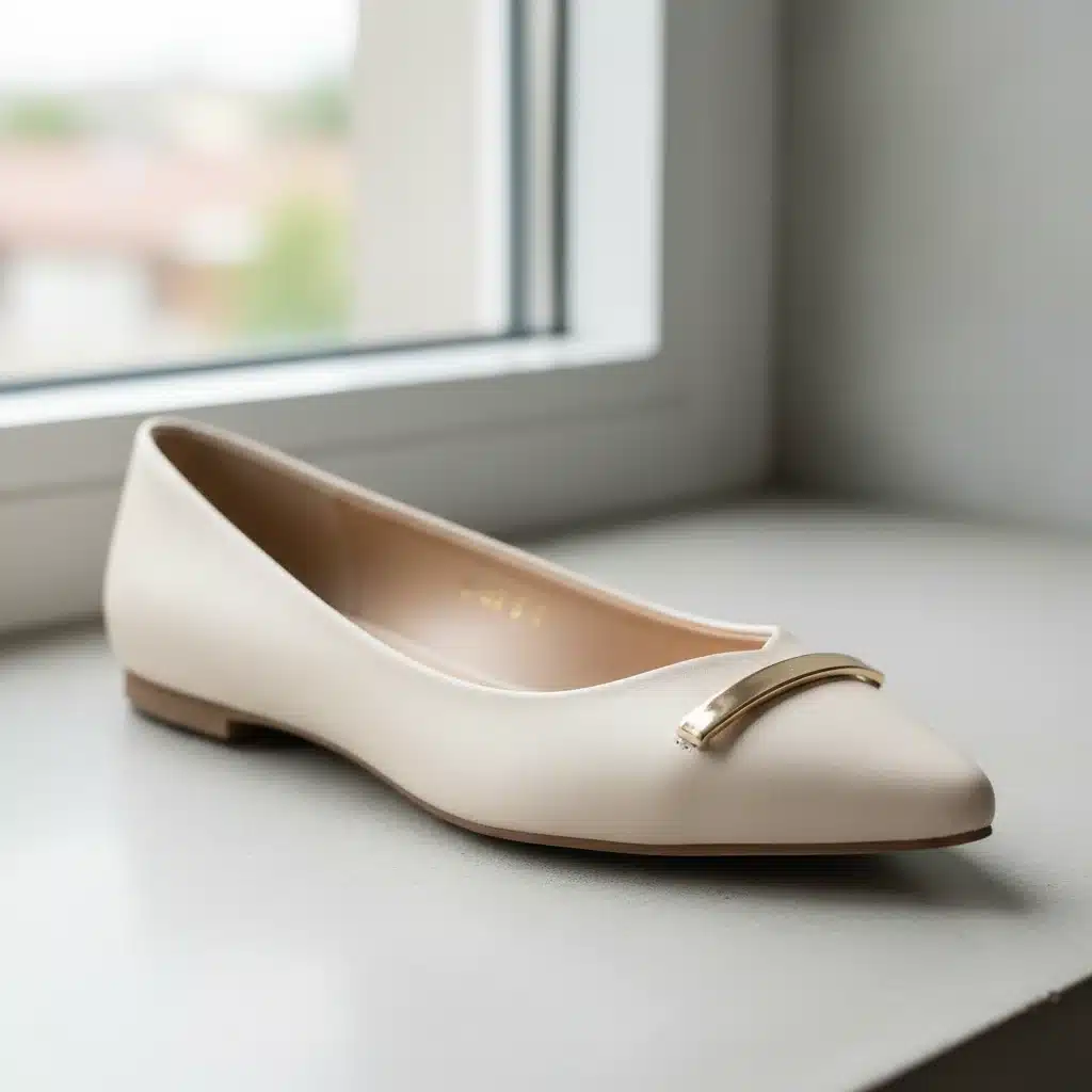 Detalhe de uma sapatilha minimalista de bico fino em couro vegano reciclado, destacando a elegância e sustentabilidade.