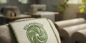Selo de sustentabilidade verde e autêntico em um pedaço de tecido, simbolizando moda ecológica.