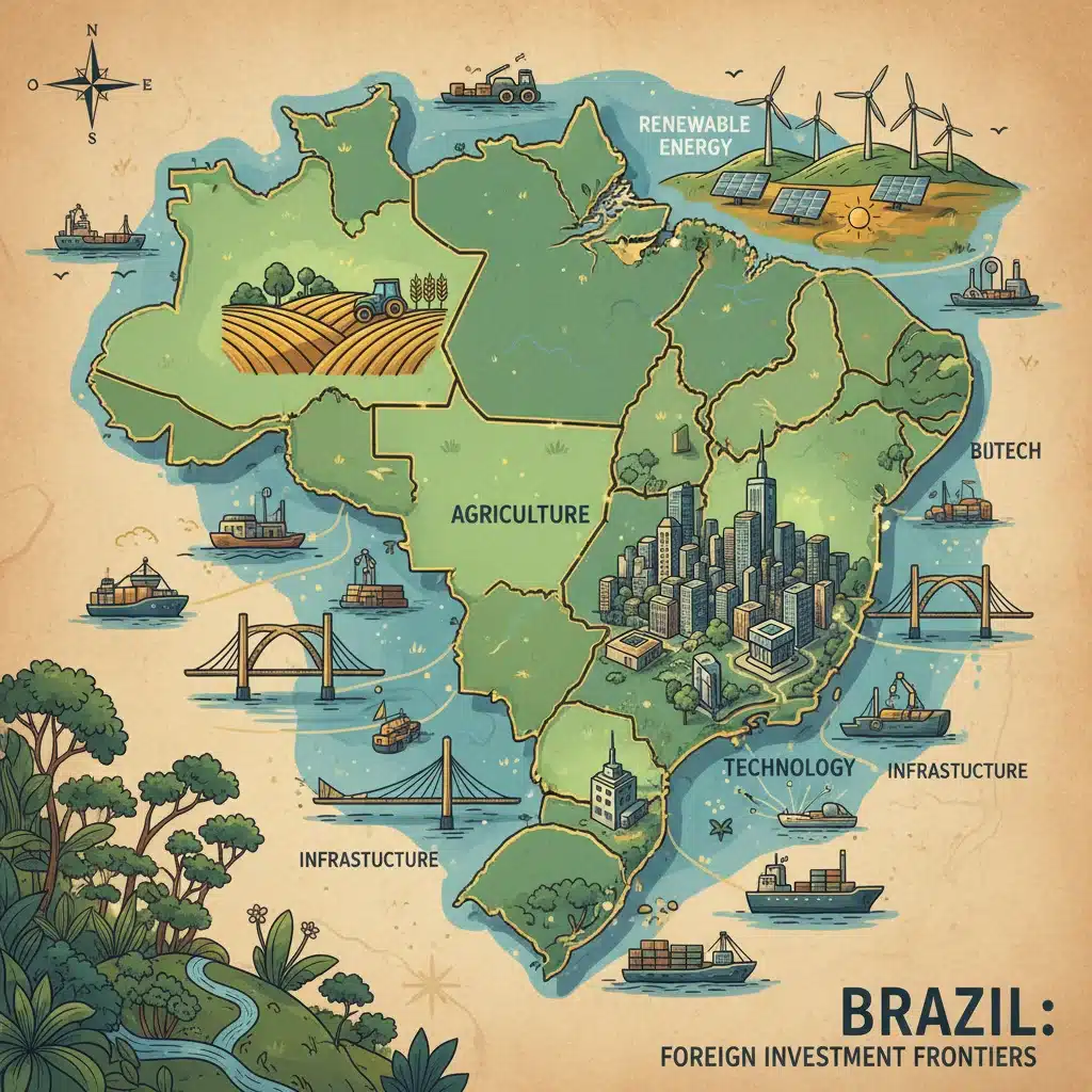 Mapa do Brasil com setores-chave para investimento estrangeiro direto destacados, como agronegócio, energia renovável e tecnologia.