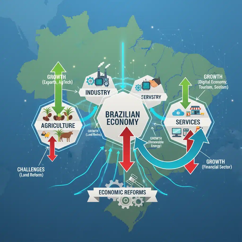 Setores econômicos brasileiros em transformação, mostrando o impacto das reformas na agricultura, indústria e serviços.