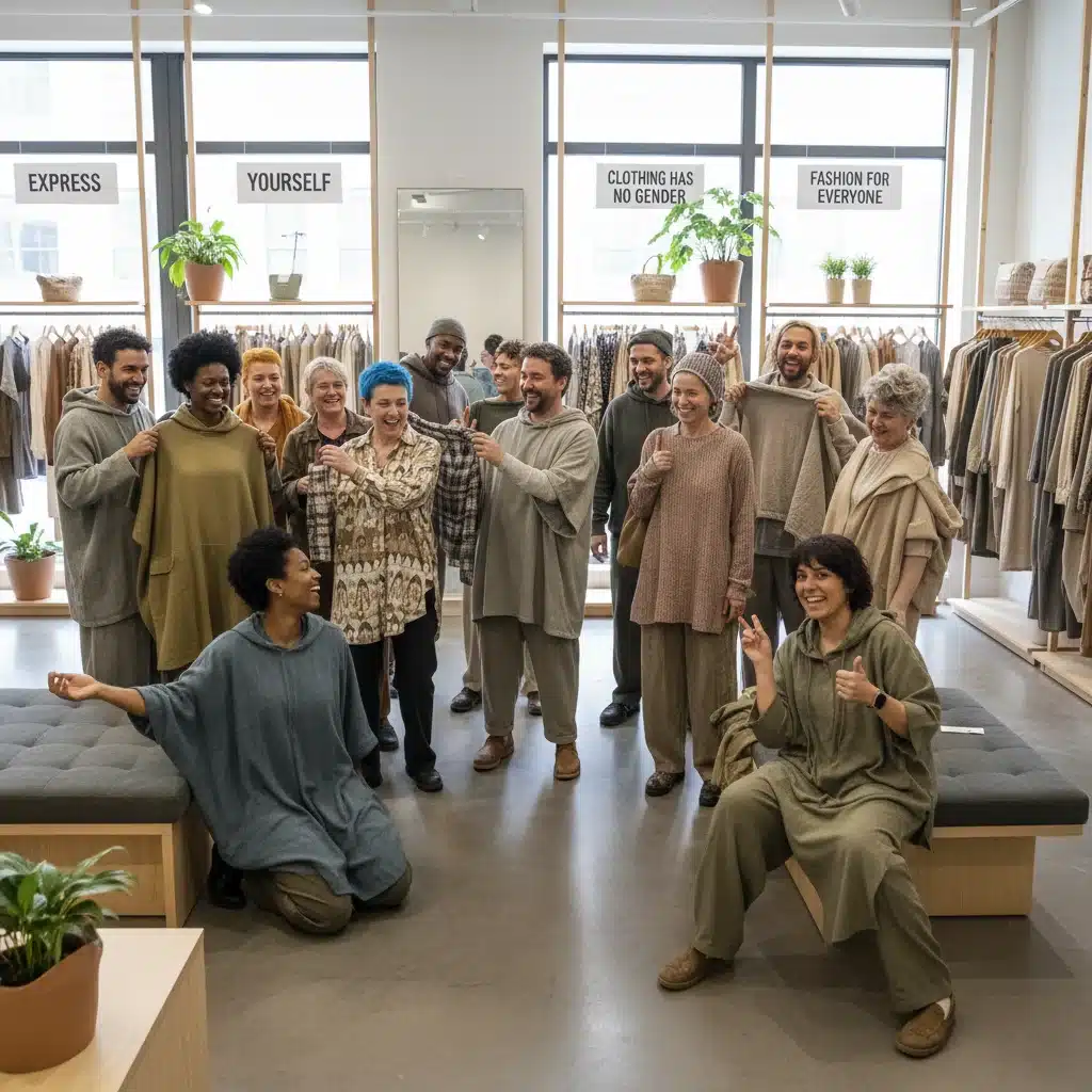 Pessoas de diferentes identidades de gênero experimentando roupas agênero em um showroom, celebrando a liberdade e a diversidade na moda.