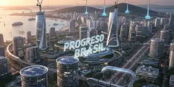 Skyline moderno de uma cidade brasileira ao amanhecer, representando o futuro da infraestrutura e o crescimento econômico.