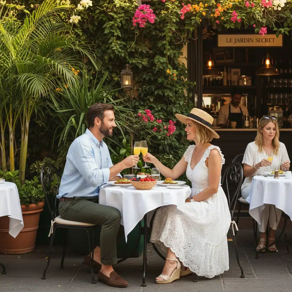 Casal com vestimenta smart casual em brunch ao ar livre.