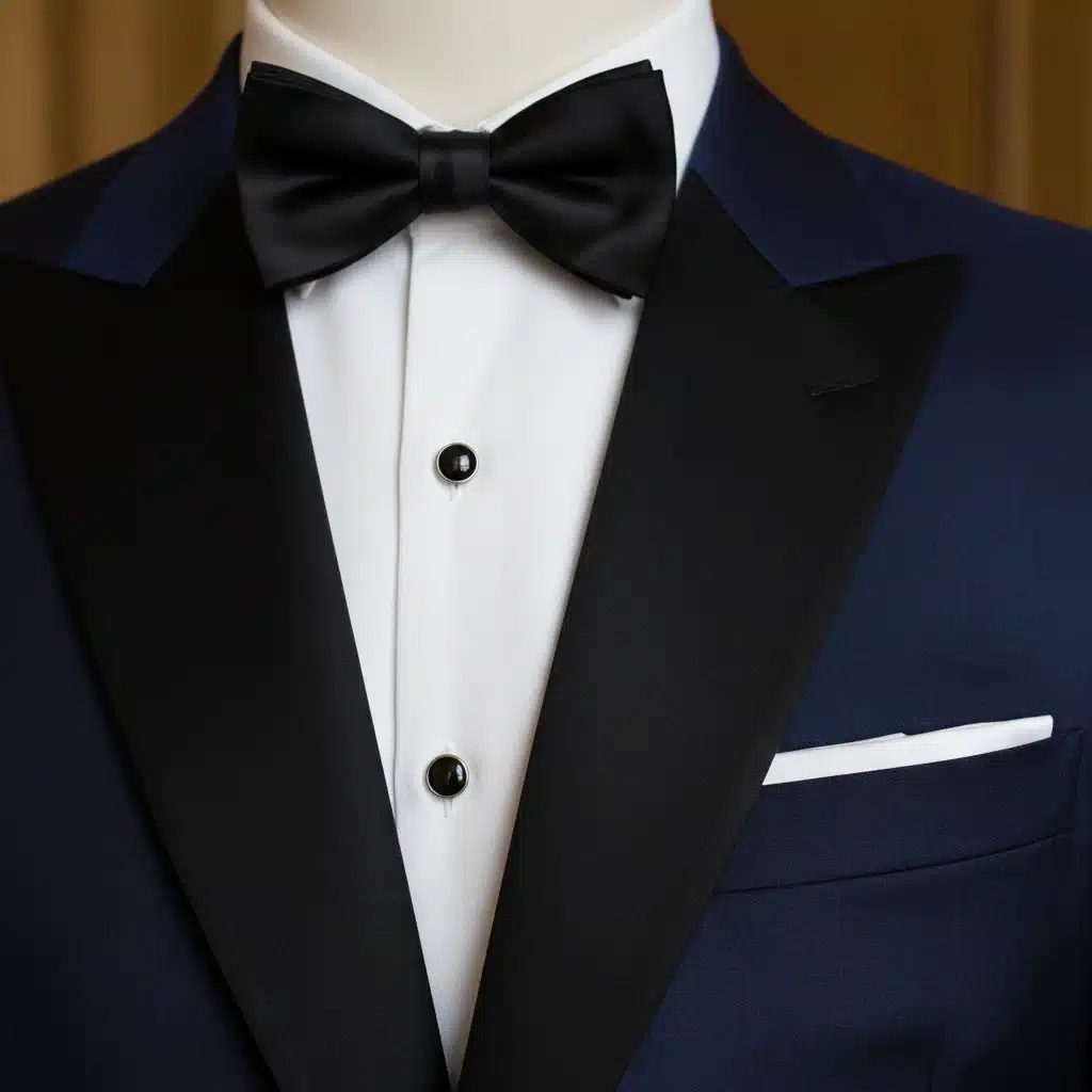 Detalhe de um smoking masculino azul marinho com lapelas de cetim e gravata borboleta, mostrando a elegância do traje.