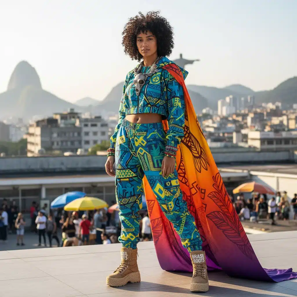 Modelo usando roupa streetwear com elementos culturais brasileiros, posando em cenário urbano vibrante.