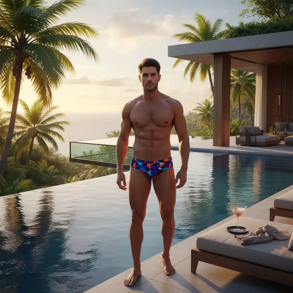 Modelo masculino usando sunga com estampa geométrica moderna, perfeita para o verão 2026, em um cenário de piscina de resort.