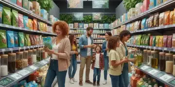 Pessoas escolhendo produtos com embalagens sustentáveis em um supermercado moderno.