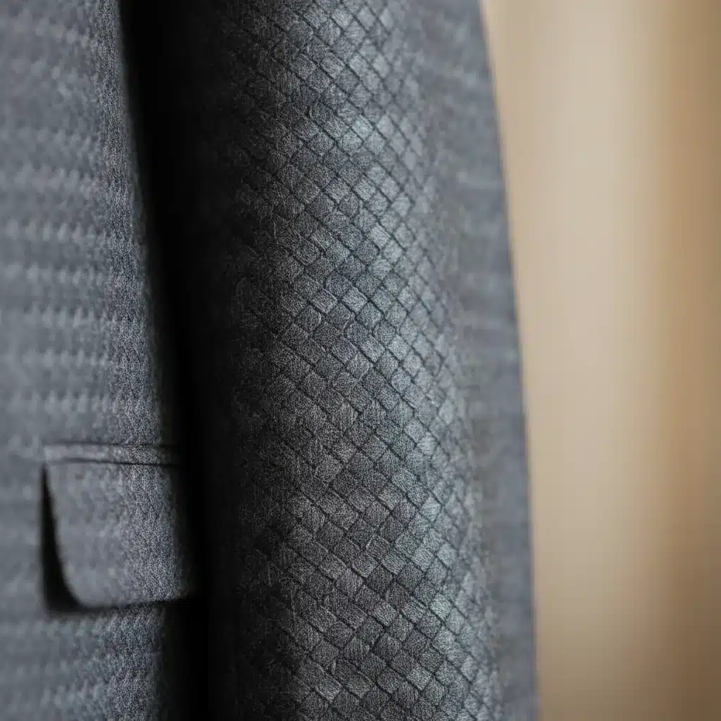 Detalhe de um tecido cinza luxuoso com trama intrincada, mostrando profundidade e textura, ideal para peças de alta costura.
