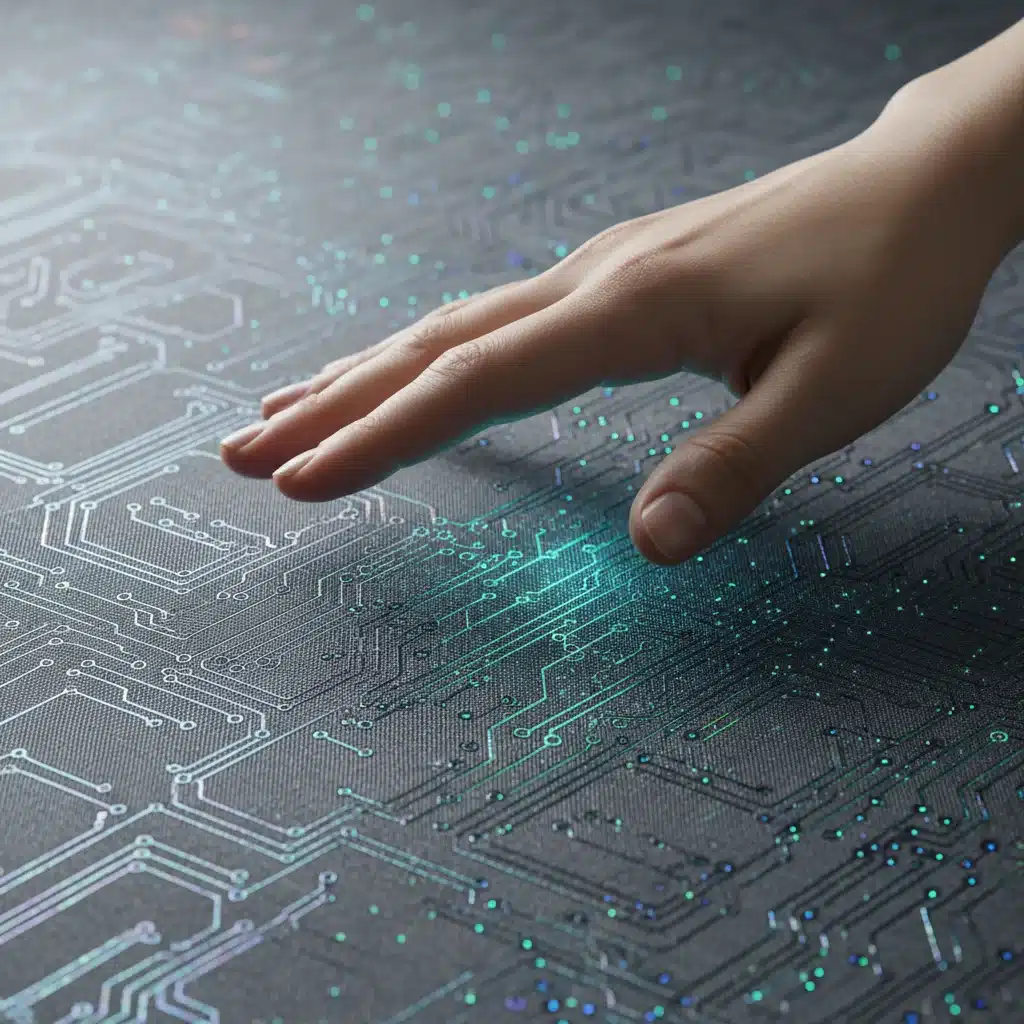 Tecidos inteligentes com sensores integrados, exibindo padrões inovadores e uma textura futurista.
