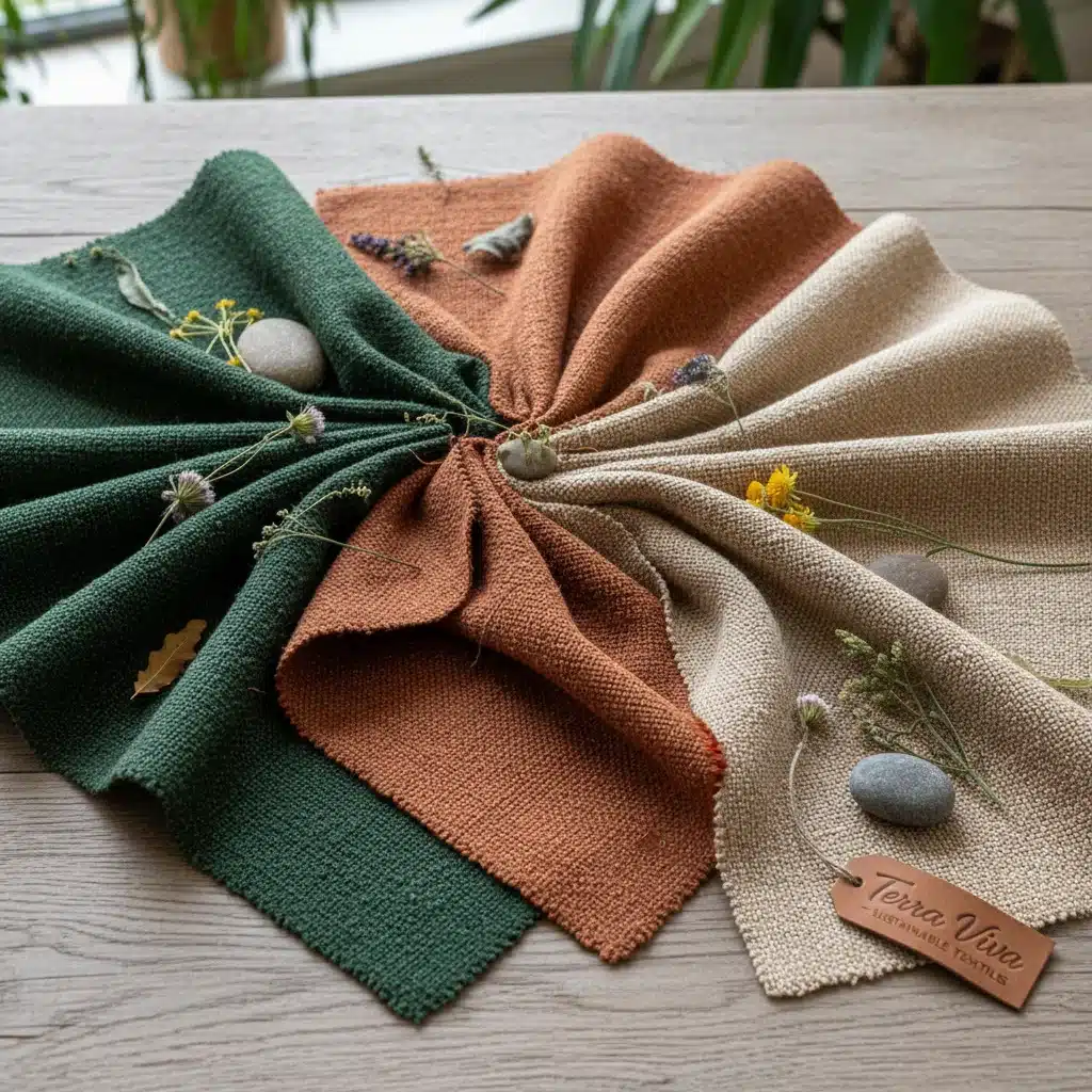 Amostras de tecidos sustentáveis na paleta 'Terra Viva', incluindo tons de verde floresta e marrons terrosos.