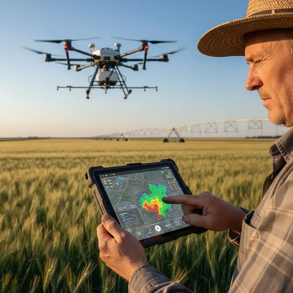 Agricultor utilizando tablet para monitorar lavoura, com drone ao fundo, representando a tecnologia no agronegócio.