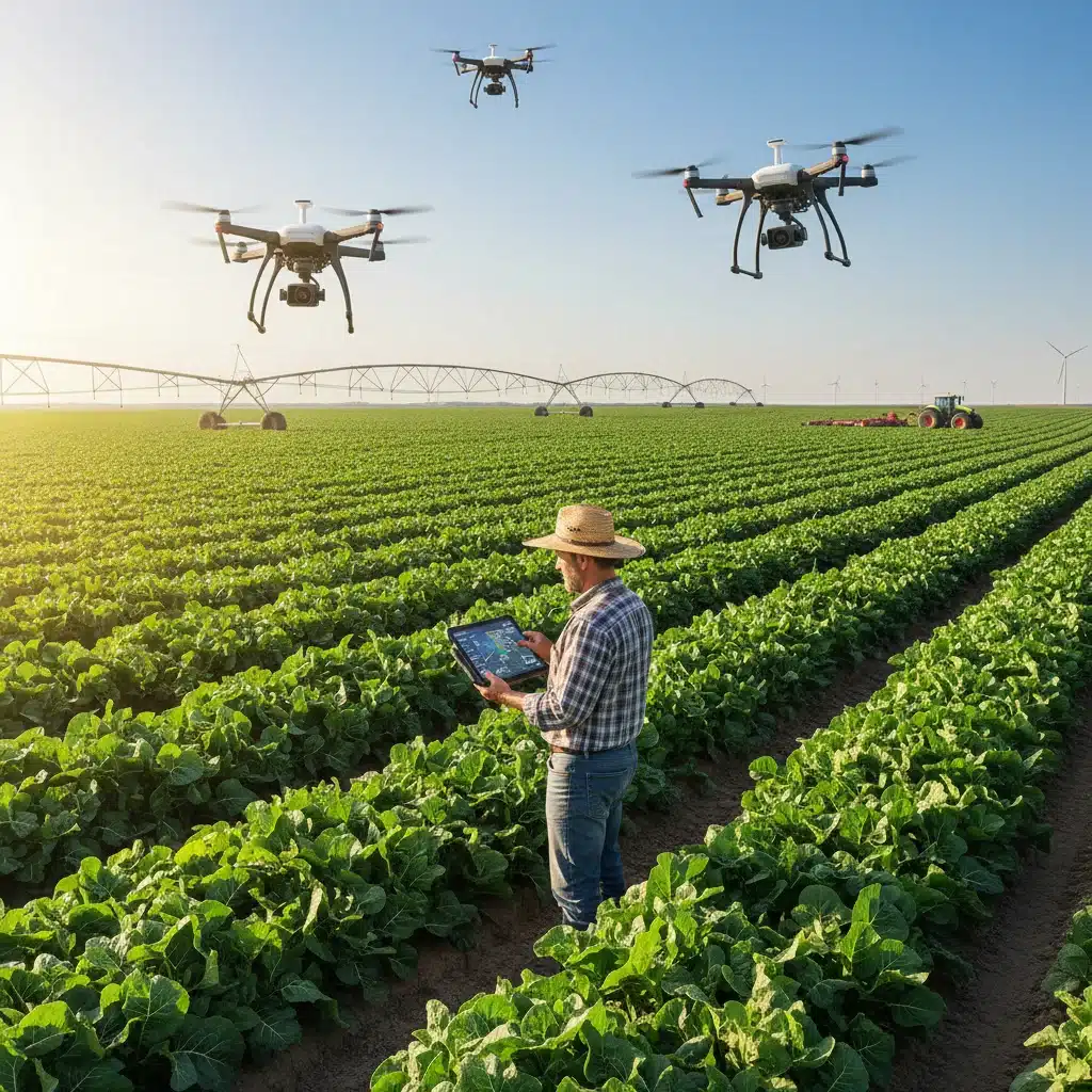 Agricultor utilizando tecnologia para monitorar lavoura, simbolizando a inovação e a produtividade no agronegócio brasileiro.
