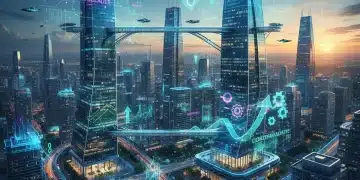Metrópole brasileira futurista com elementos digitais que simbolizam o impacto da tecnologia na economia do Brasil.