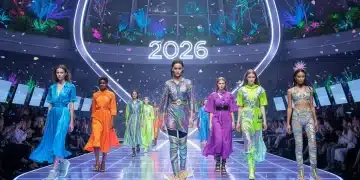 Modelos desfilando calçados inovadores e sustentáveis em uma passarela futurista, representando as tendências de calçados 2026.