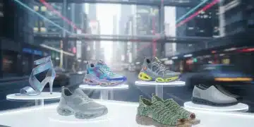 Variedade de sapatos e tênis modernos e futuristas, representando as tendências de calçados para 2026 no Brasil.