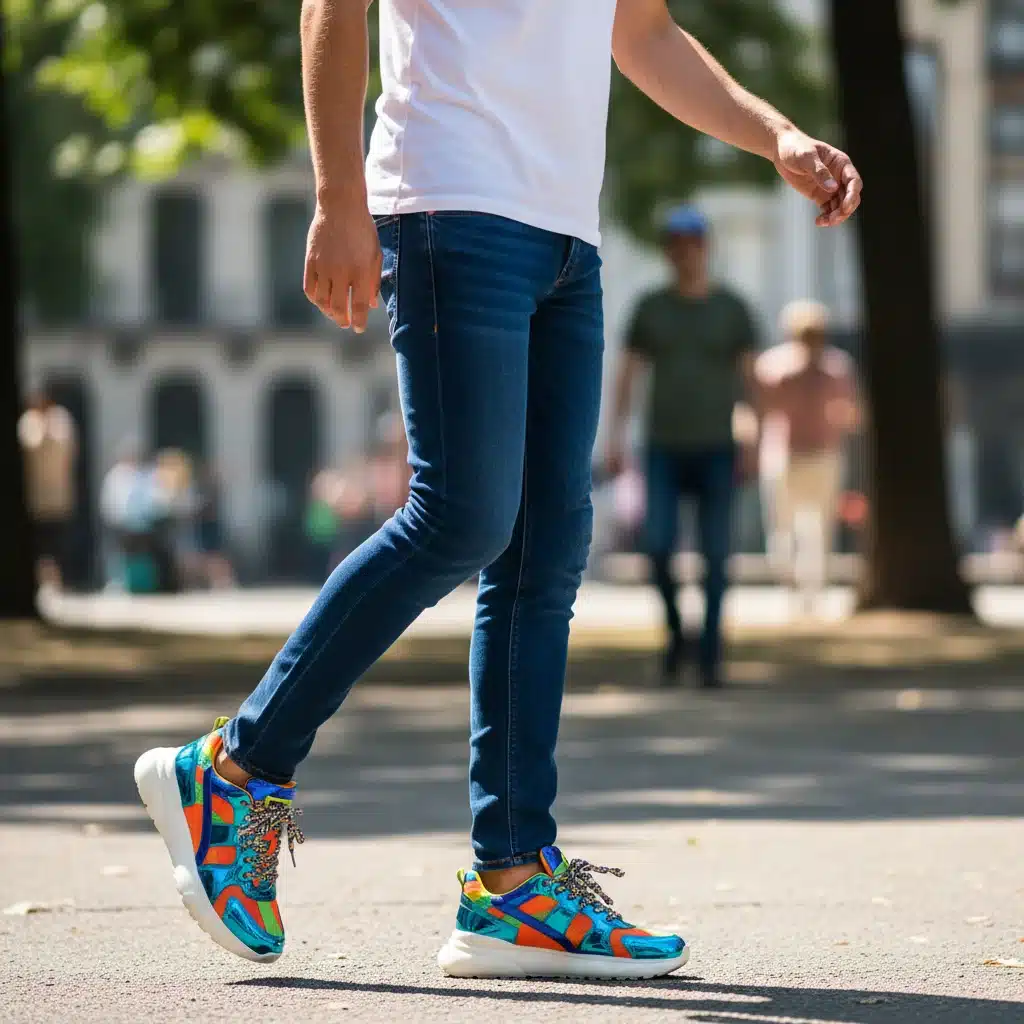 Pessoa com camiseta branca e jeans, usando tênis coloridos e detalhados, destacando o calçado como acessório.