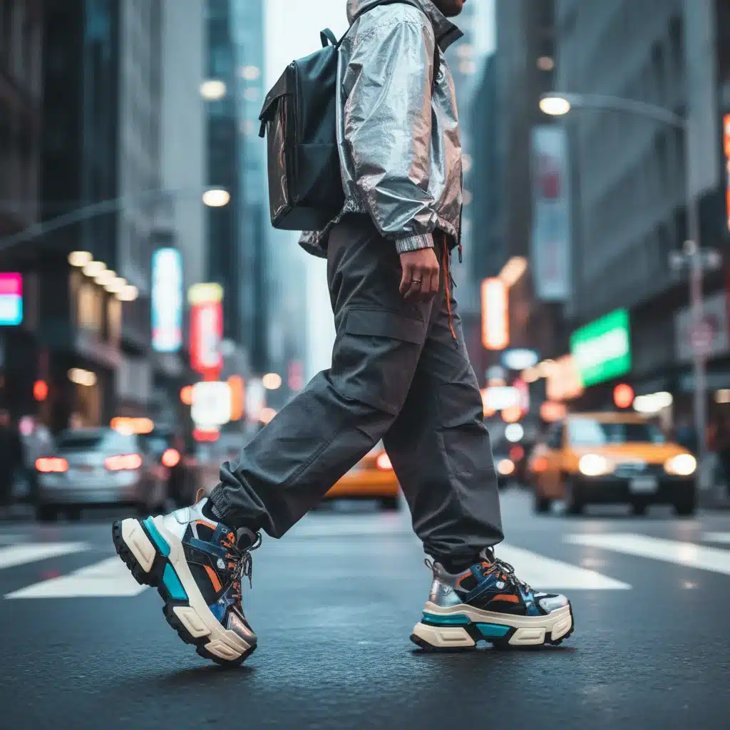 Pessoa caminhando na cidade usando tênis plataforma robustos e arquitetônicos, refletindo a moda urbana de 2026.