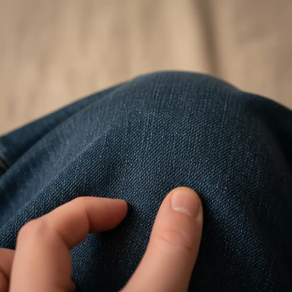 Detalhe de uma mão examinando a textura e elasticidade de um tecido jeans de alta qualidade, demonstrando a durabilidade.