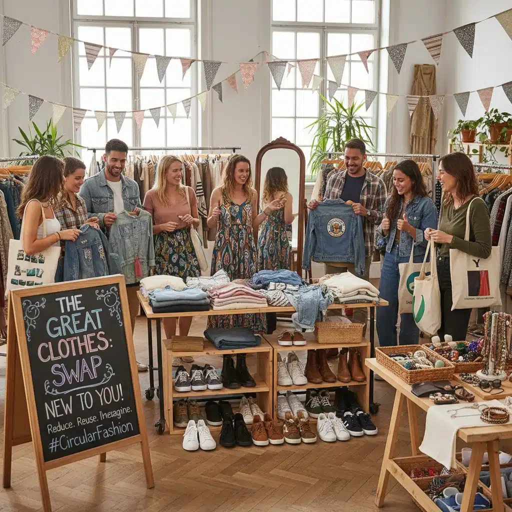 Pessoas participando de um evento de troca de roupas, promovendo a moda circular e o consumo consciente.