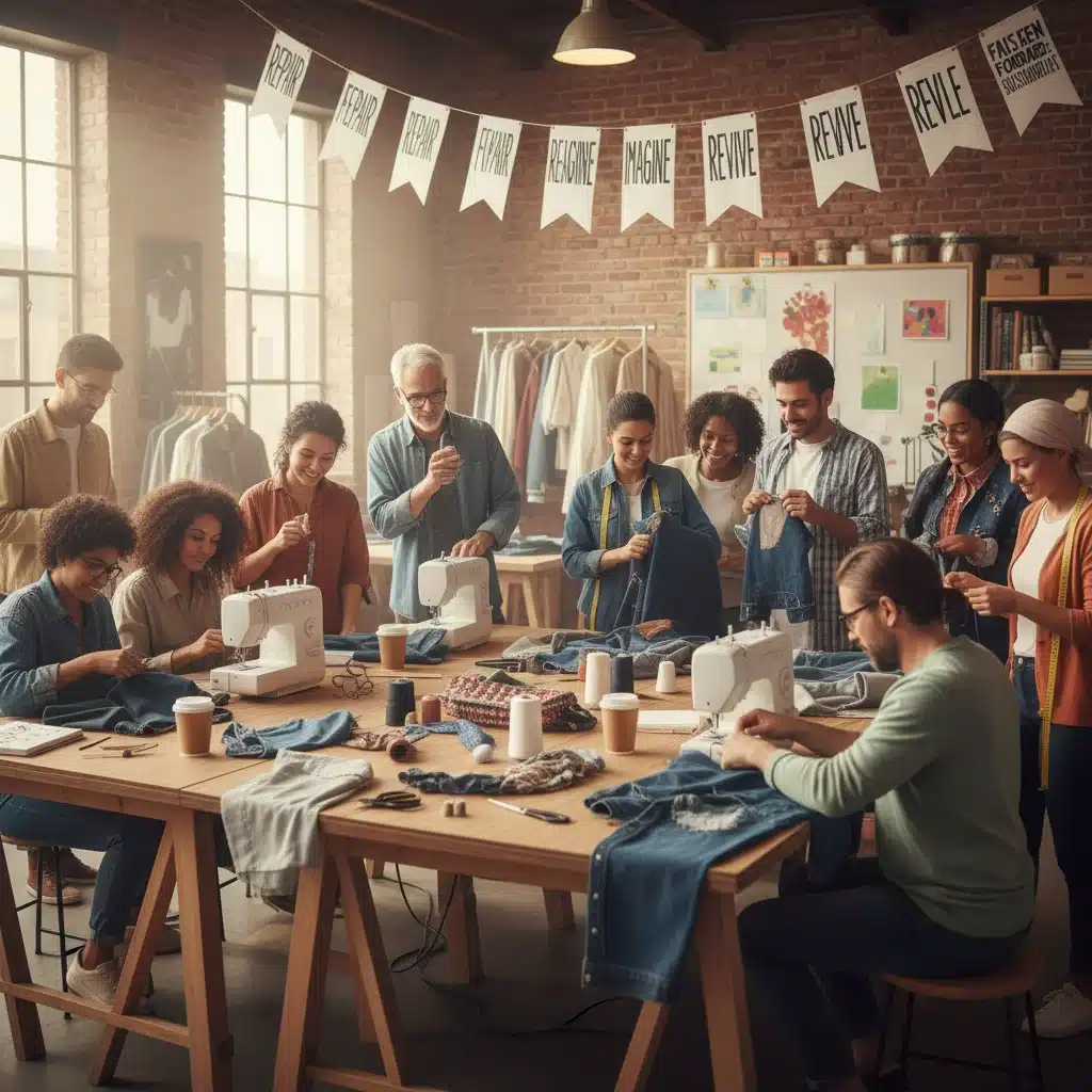 Pessoas participando de oficina de reparo e upcycling de roupas