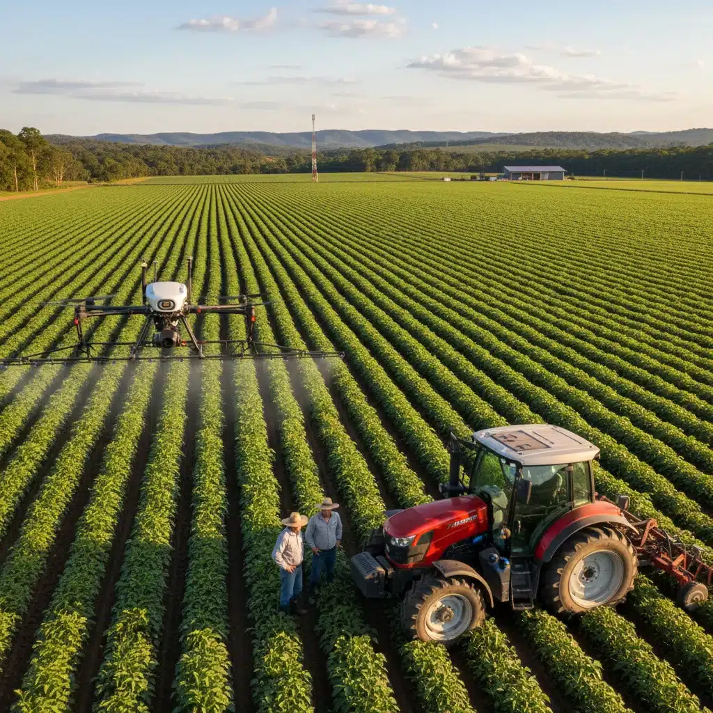 Agricultores utilizando tecnologia de ponta para agricultura de precisão em lavoura brasileira.