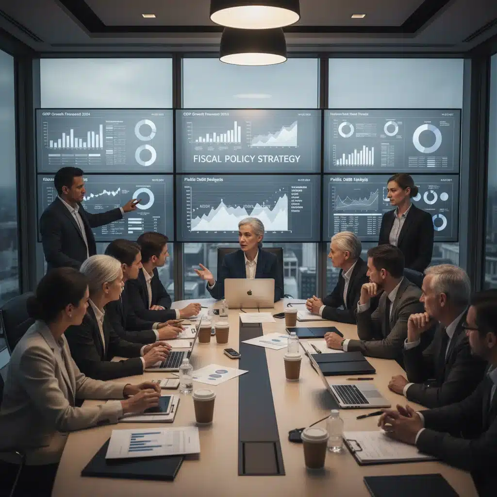 Economistas e autoridades governamentais discutindo projeções de dados e políticas fiscais em uma sala de reunião.