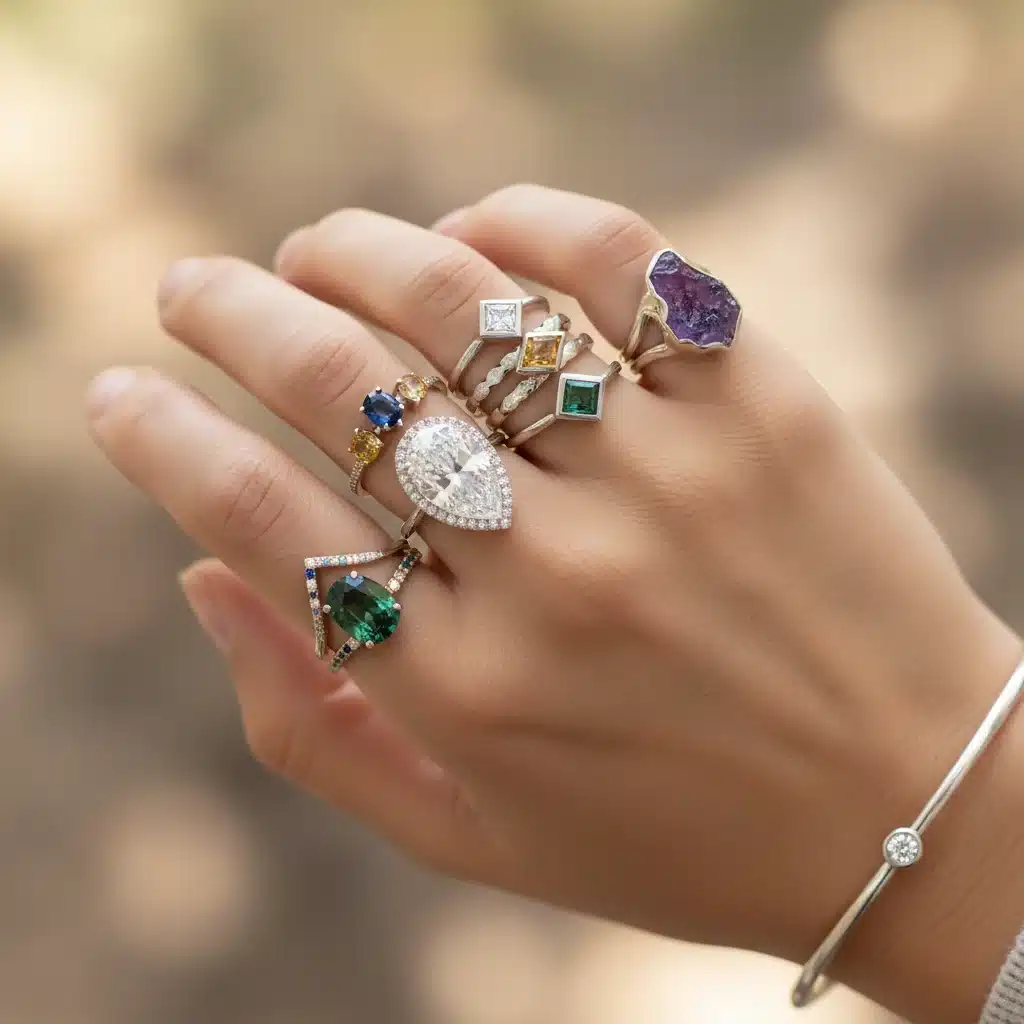 Mão com anéis de diamantes cultivados em laboratório e gemas éticas, tendência luxo consciente