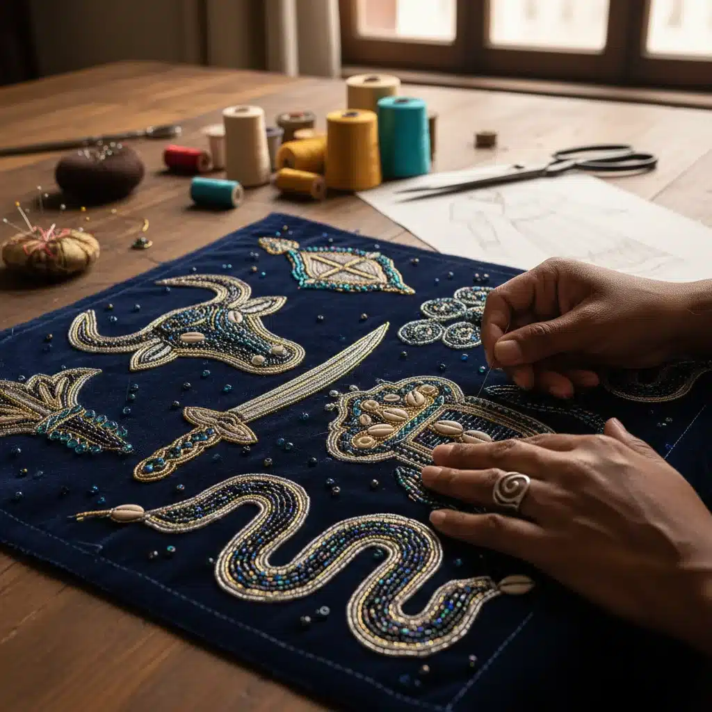 Detalhe de bordado artesanal em tecido, inspirado em símbolos afro-brasileiros, demonstrando a riqueza da técnica.